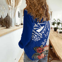 Blue Guam Hafa Adai Women Casual Shirt Tropical Flowers with Polynesian Pattern
