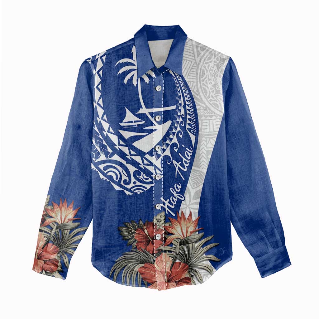 Blue Guam Hafa Adai Women Casual Shirt Tropical Flowers with Polynesian Pattern