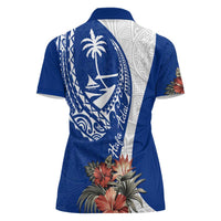 Blue Guam Hafa Adai Women Polo Shirt Tropical Flowers with Polynesian Pattern