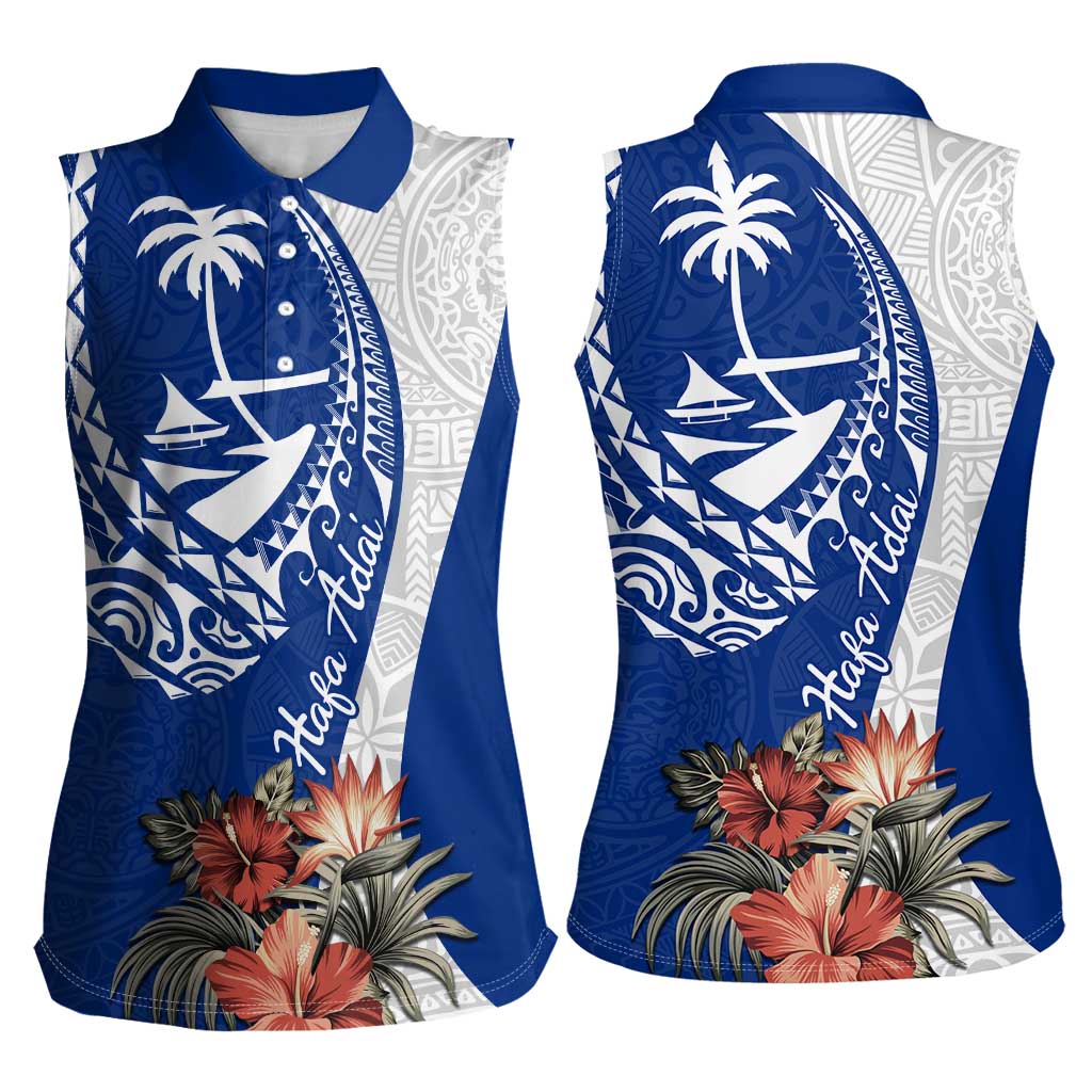 Blue Guam Hafa Adai Women Sleeveless Polo Shirt Tropical Flowers with Polynesian Pattern