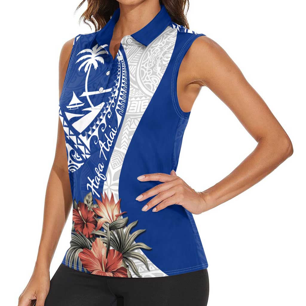 Blue Guam Hafa Adai Women Sleeveless Polo Shirt Tropical Flowers with Polynesian Pattern