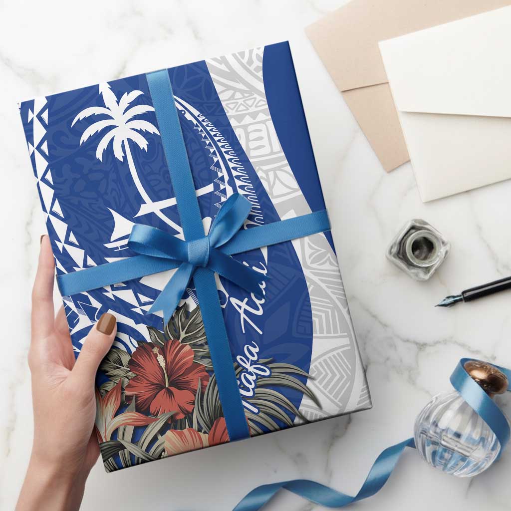 Blue Guam Hafa Adai Wrapping Paper Tropical Flowers with Polynesian Pattern - Polynesian Pride