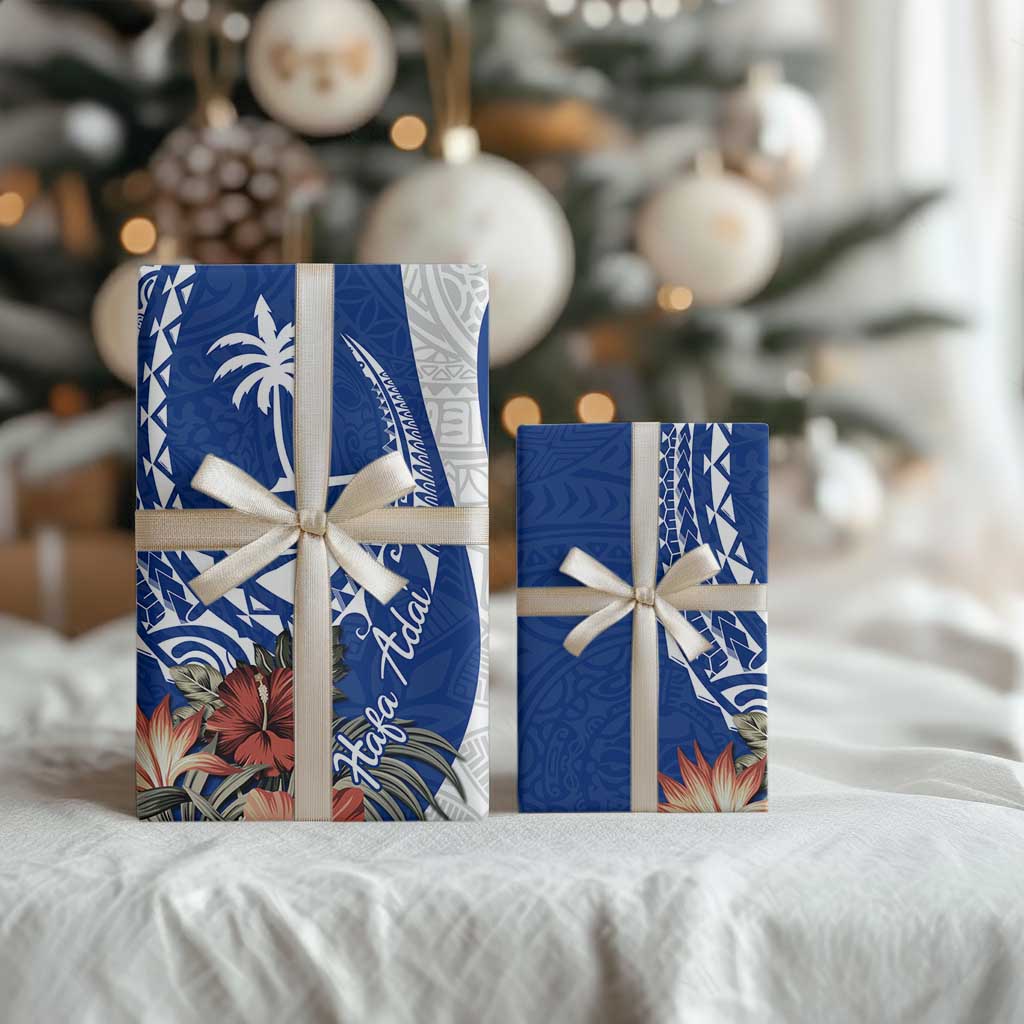 Blue Guam Hafa Adai Wrapping Paper Tropical Flowers with Polynesian Pattern - Polynesian Pride
