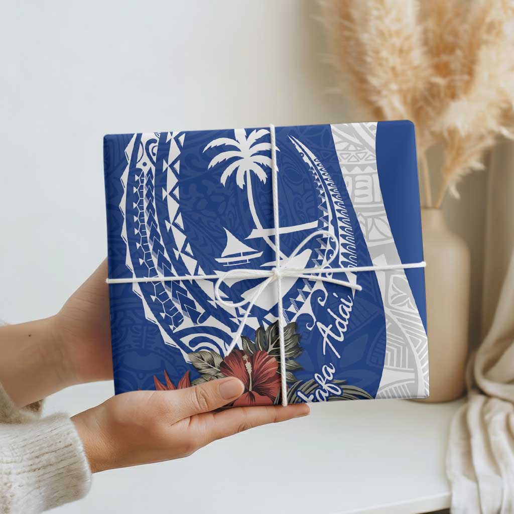 Blue Guam Hafa Adai Wrapping Paper Tropical Flowers with Polynesian Pattern - Polynesian Pride