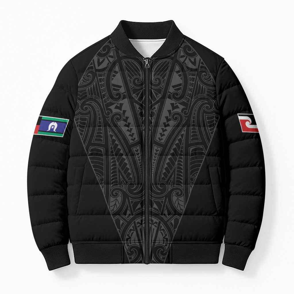 Queensland Maori Rugby Nga Hau e Wha Bomber Puffer Jacket Black Motif - Polynesian Pride