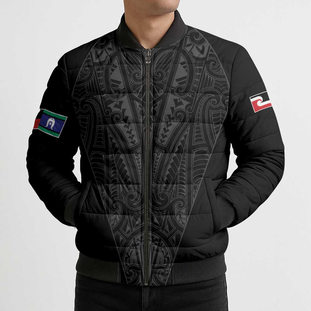 Queensland Maori Rugby Nga Hau e Wha Bomber Puffer Jacket Black Motif - Polynesian Pride