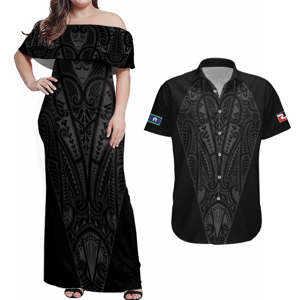 Queensland Maori Rugby Nga Hau e Wha Couples Matching Off Shoulder Maxi Dress and Hawaiian Shirt Black Motif