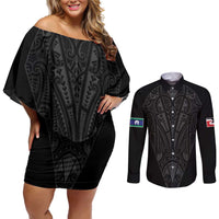 Queensland Maori Rugby Nga Hau e Wha Couples Matching Off Shoulder Short Dress and Long Sleeve Button Shirt Black Motif