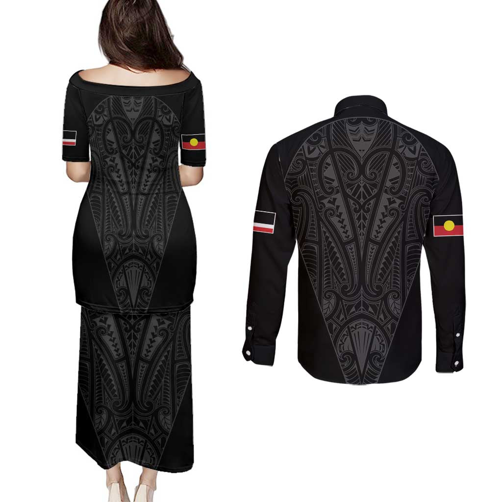 Queensland Maori Rugby Nga Hau e Wha Couples Matching Puletasi and Long Sleeve Button Shirt Black Motif