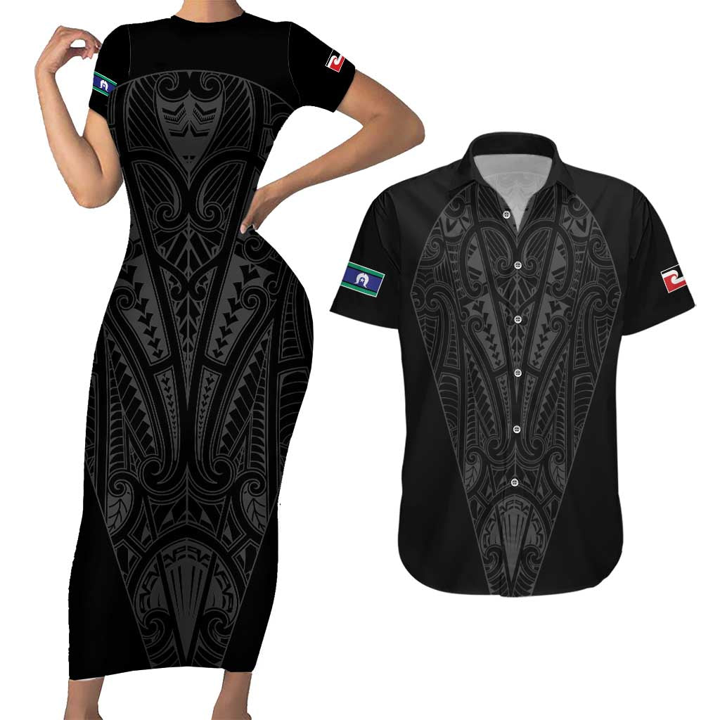 Queensland Maori Rugby Nga Hau e Wha Couples Matching Short Sleeve Bodycon Dress and Hawaiian Shirt Black Motif