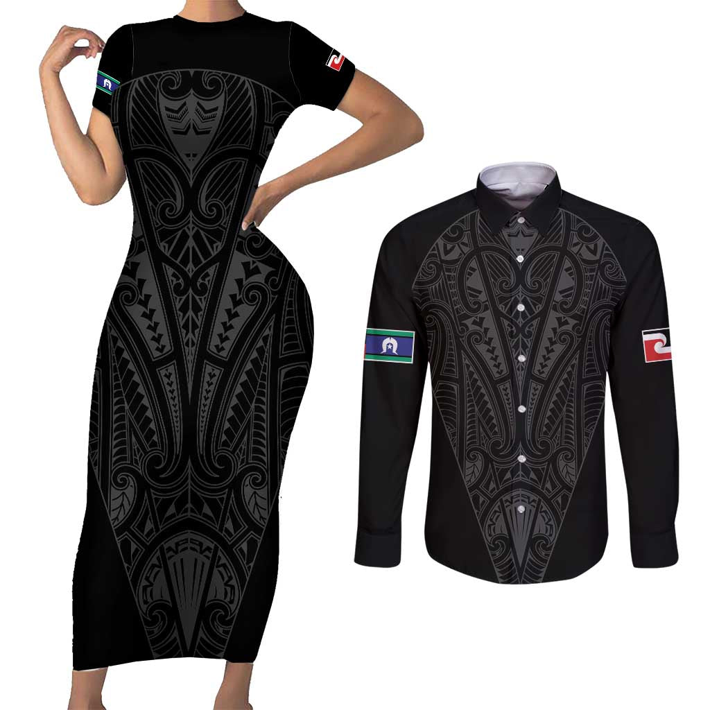 Queensland Maori Rugby Nga Hau e Wha Couples Matching Short Sleeve Bodycon Dress and Long Sleeve Button Shirt Black Motif