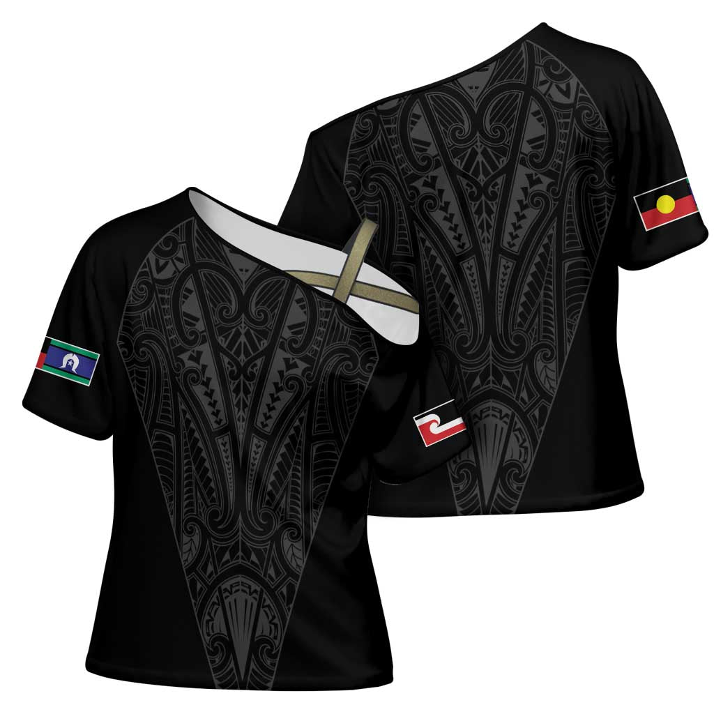 Queensland Maori Rugby Nga Hau e Wha Cross Shoulder Shirt Black Motif - Polynesian Pride