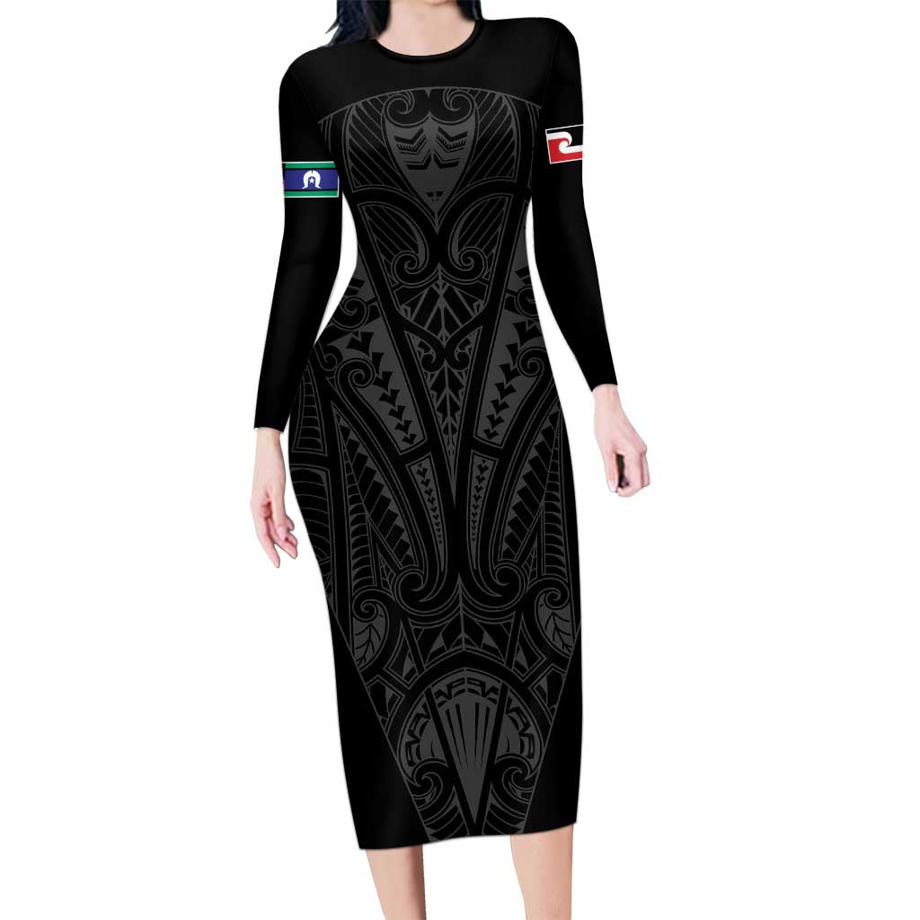 Queensland Maori Rugby Nga Hau e Wha Family Matching Long Sleeve Bodycon Dress and Hawaiian Shirt Black Motif