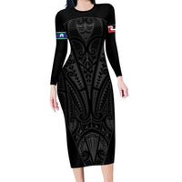 Queensland Maori Rugby Nga Hau e Wha Family Matching Long Sleeve Bodycon Dress and Hawaiian Shirt Black Motif