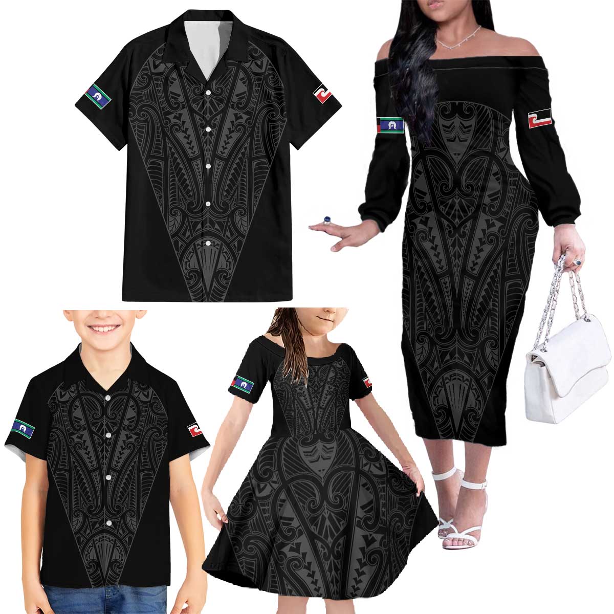 Queensland Maori Rugby Nga Hau e Wha Family Matching Off The Shoulder Long Sleeve Dress and Hawaiian Shirt Black Motif