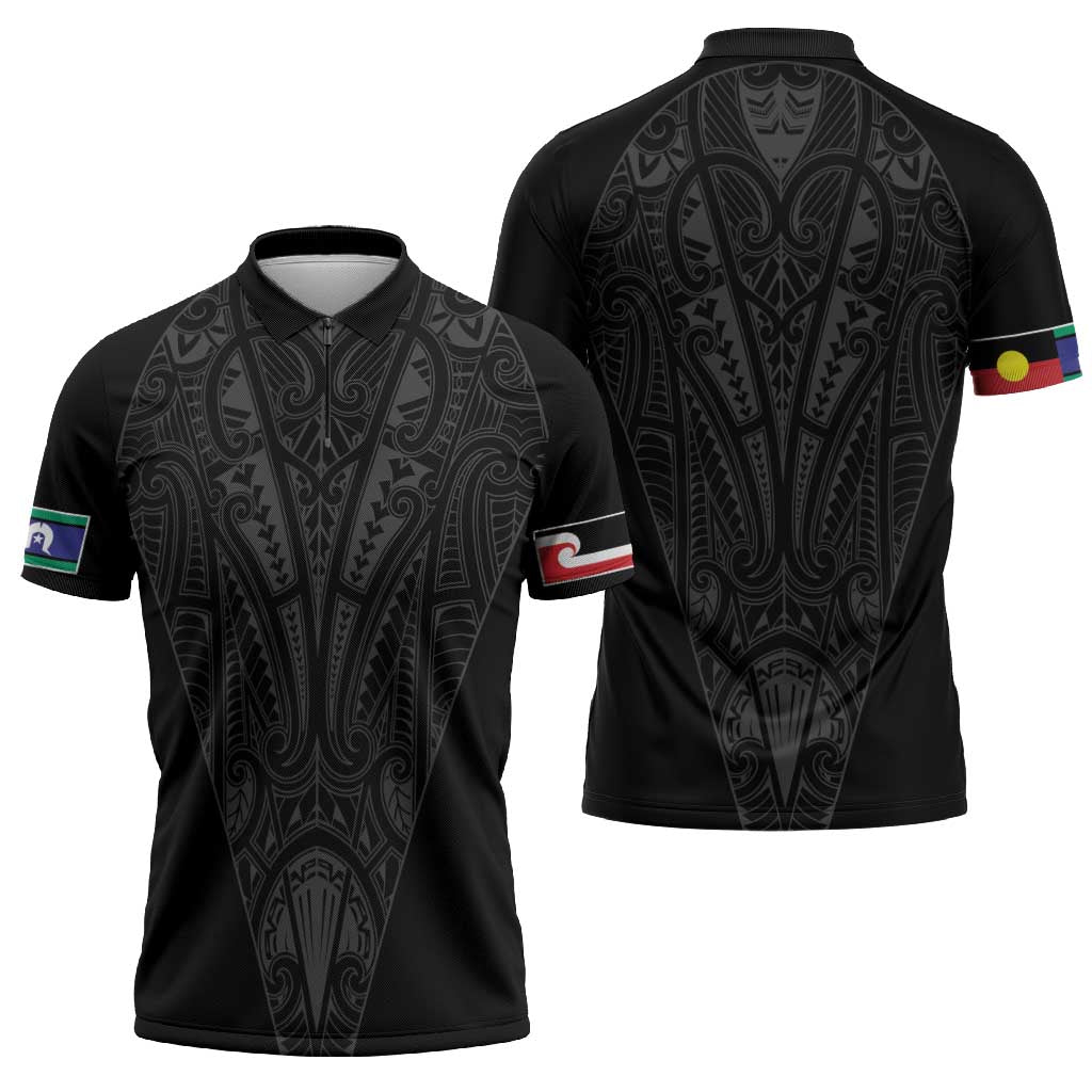 Queensland Maori Rugby Nga Hau e Wha Zipper Polo Shirt Black Motif - Polynesian Pride