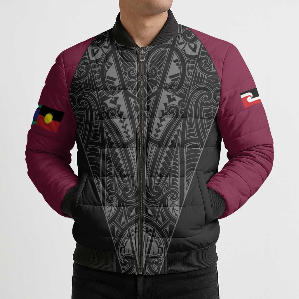 Queensland Maori Rugby Nga Hau e Wha Bomber Puffer Jacket Maroon Motif - Polynesian Pride