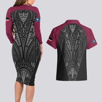 Queensland Maori Rugby Nga Hau e Wha Couples Matching Long Sleeve Bodycon Dress and Hawaiian Shirt Maroon Motif
