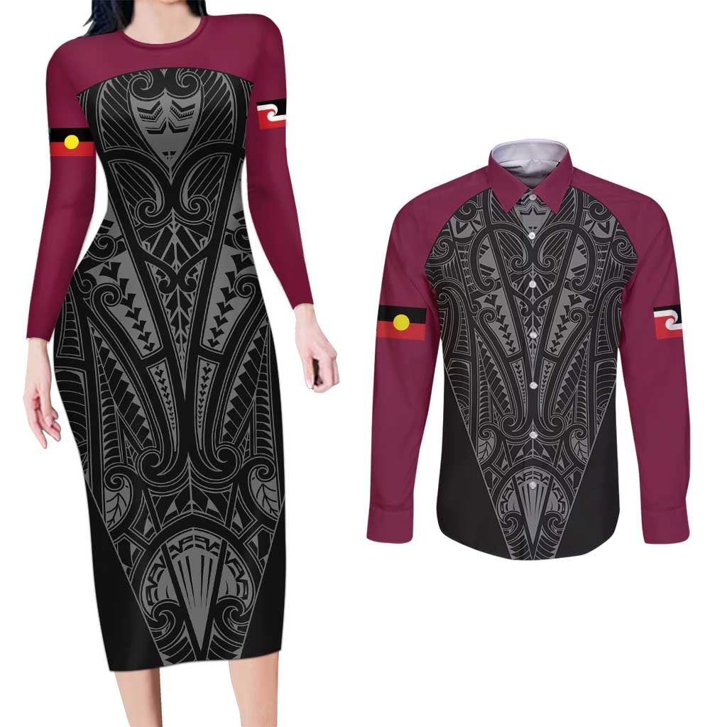 Queensland Maori Rugby Nga Hau e Wha Couples Matching Long Sleeve Bodycon Dress and Long Sleeve Button Shirt Maroon Motif