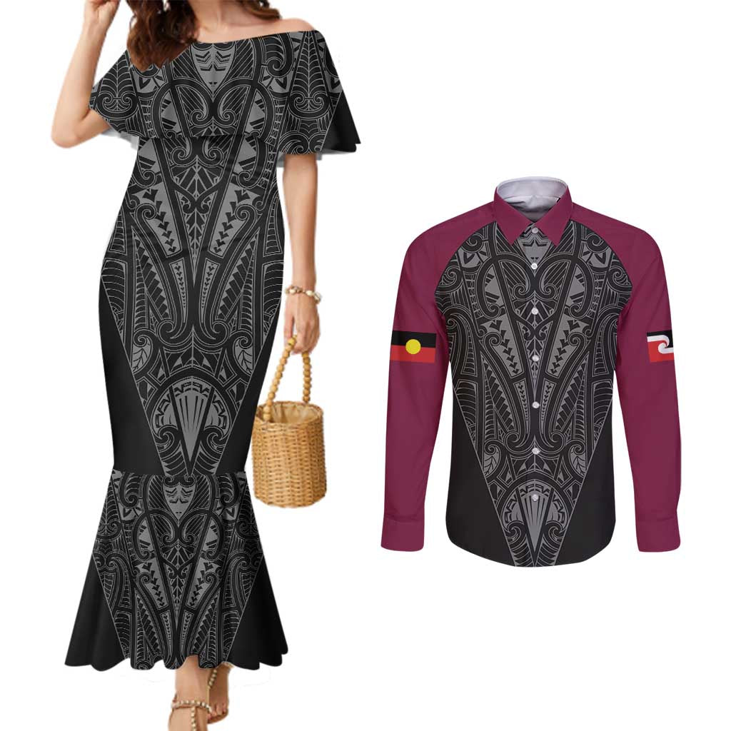 Queensland Maori Rugby Nga Hau e Wha Couples Matching Mermaid Dress and Long Sleeve Button Shirt Maroon Motif
