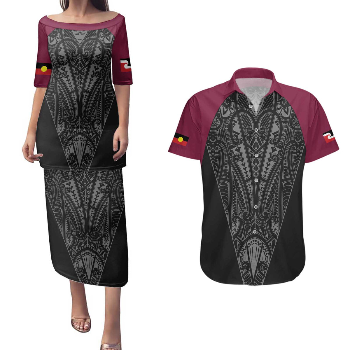 Queensland Maori Rugby Nga Hau e Wha Couples Matching Puletasi and Hawaiian Shirt Maroon Motif