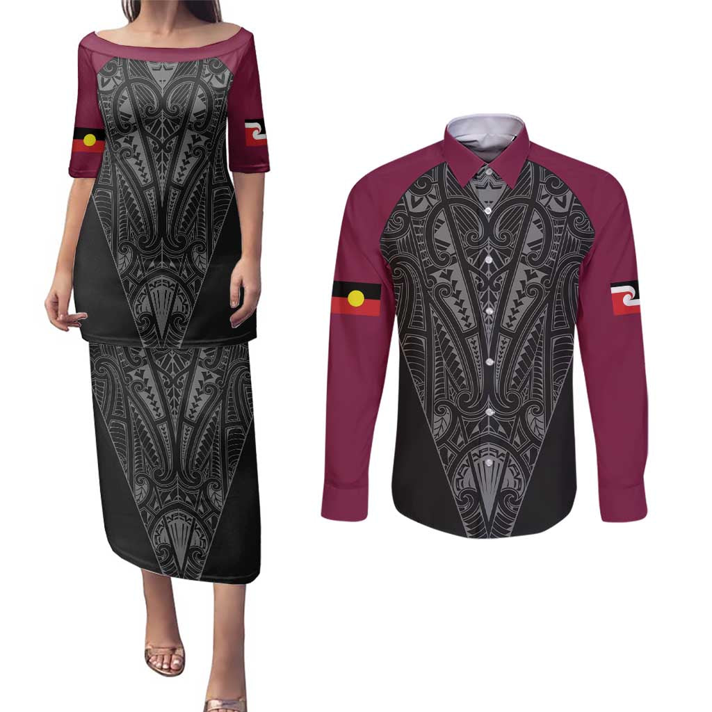 Queensland Maori Rugby Nga Hau e Wha Couples Matching Puletasi and Long Sleeve Button Shirt Maroon Motif