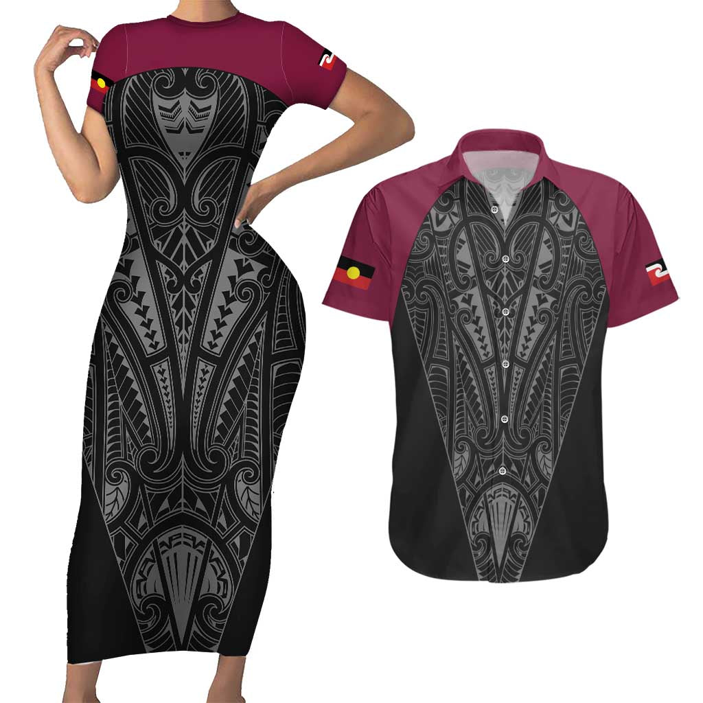 Queensland Maori Rugby Nga Hau e Wha Couples Matching Short Sleeve Bodycon Dress and Hawaiian Shirt Maroon Motif