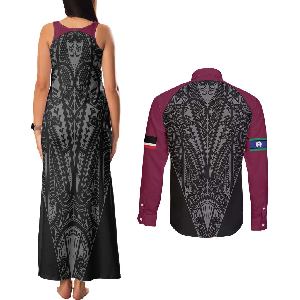 Queensland Maori Rugby Nga Hau e Wha Couples Matching Tank Maxi Dress and Long Sleeve Button Shirt Maroon Motif