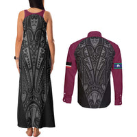 Queensland Maori Rugby Nga Hau e Wha Couples Matching Tank Maxi Dress and Long Sleeve Button Shirt Maroon Motif