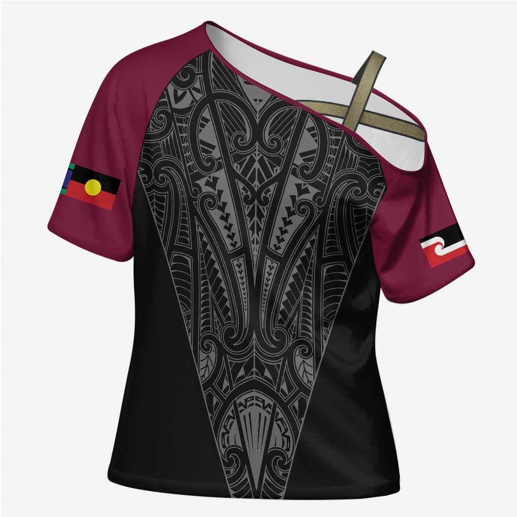 Queensland Maori Rugby Nga Hau e Wha Cross Shoulder Shirt Maroon Motif - Polynesian Pride
