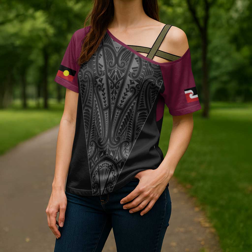 Queensland Maori Rugby Nga Hau e Wha Cross Shoulder Shirt Maroon Motif - Polynesian Pride