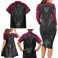 Queensland Maori Rugby Nga Hau e Wha Family Matching Long Sleeve Bodycon Dress and Hawaiian Shirt Maroon Motif