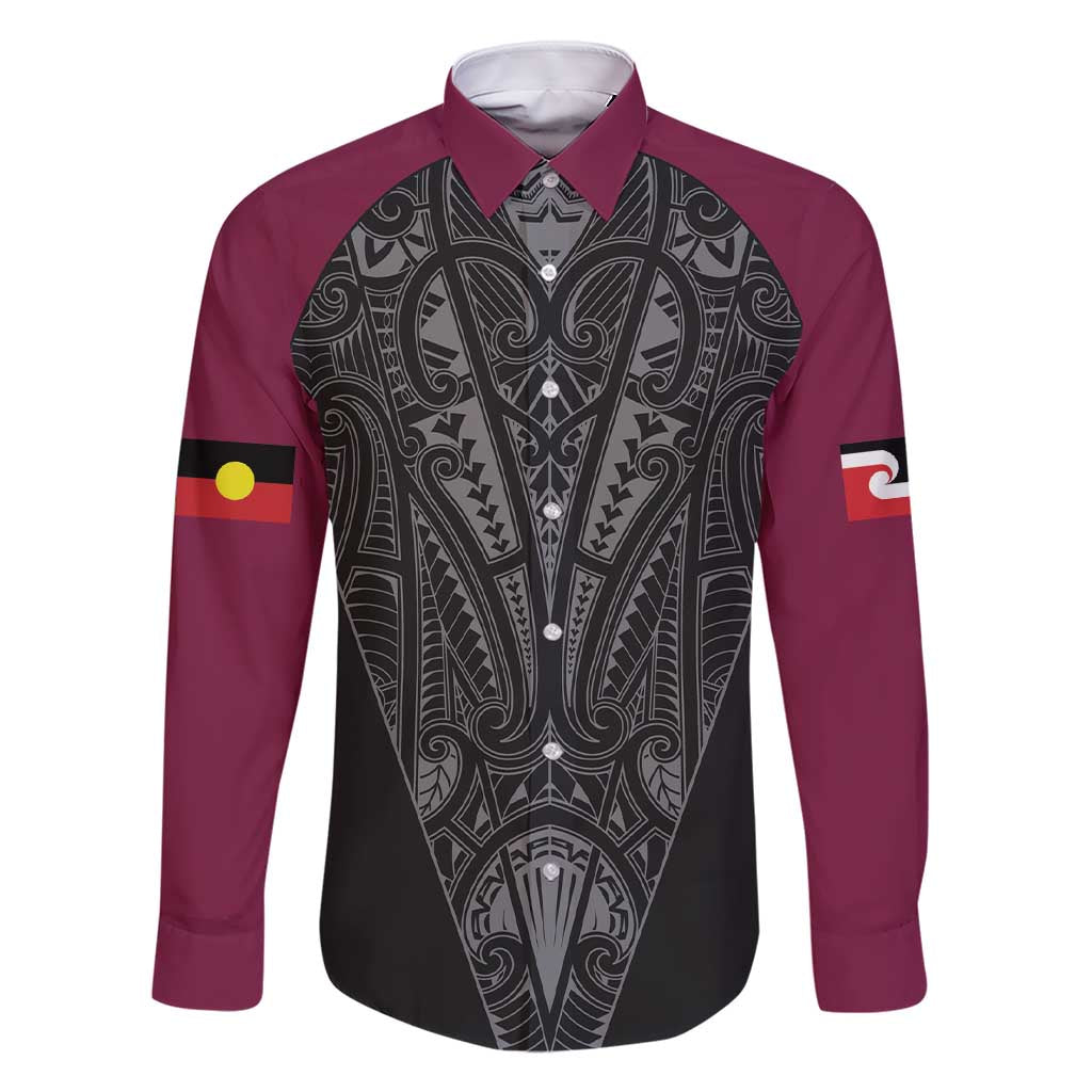 Queensland Maori Rugby Nga Hau e Wha Family Matching Short Sleeve Bodycon Dress and Hawaiian Shirt Maroon Motif