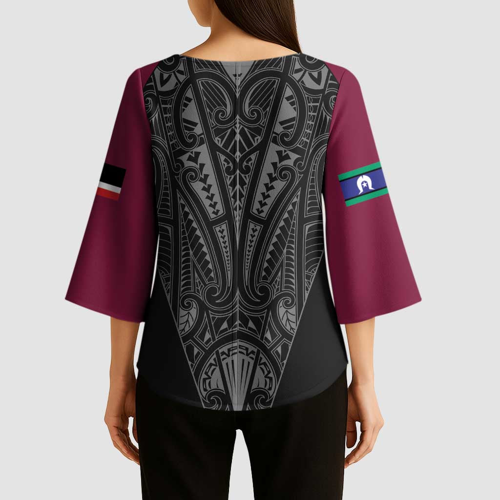 Queensland Maori Rugby Nga Hau e Wha Kimono Sleeve Blouse Maroon Motif - Polynesian Pride