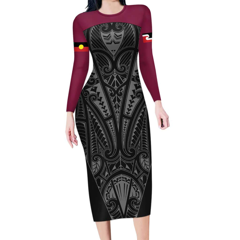 Queensland Maori Rugby Nga Hau e Wha Long Sleeve Bodycon Dress Maroon Motif