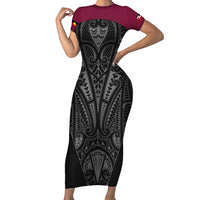 Queensland Maori Rugby Nga Hau e Wha Short Sleeve Bodycon Dress Maroon Motif