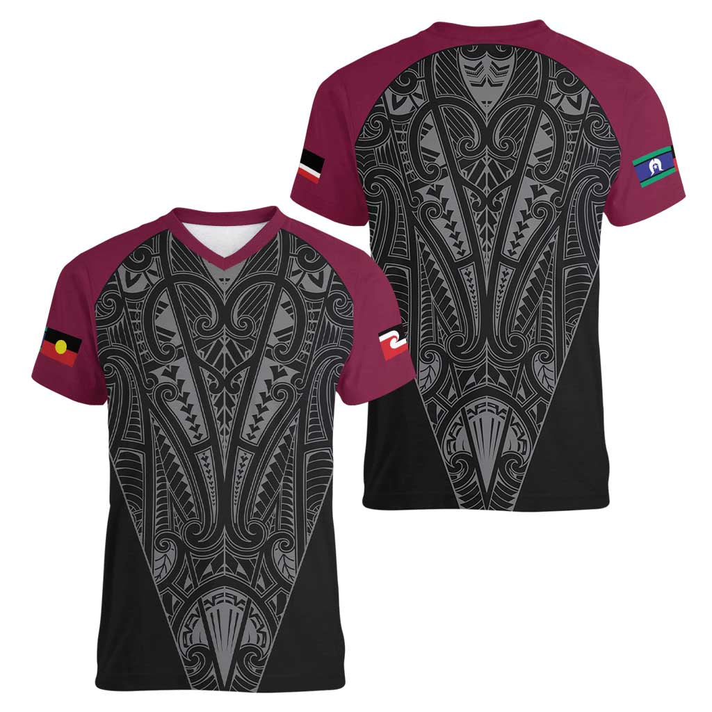 Queensland Maori Rugby Nga Hau e Wha Women V-Neck T-Shirt Maroon Motif