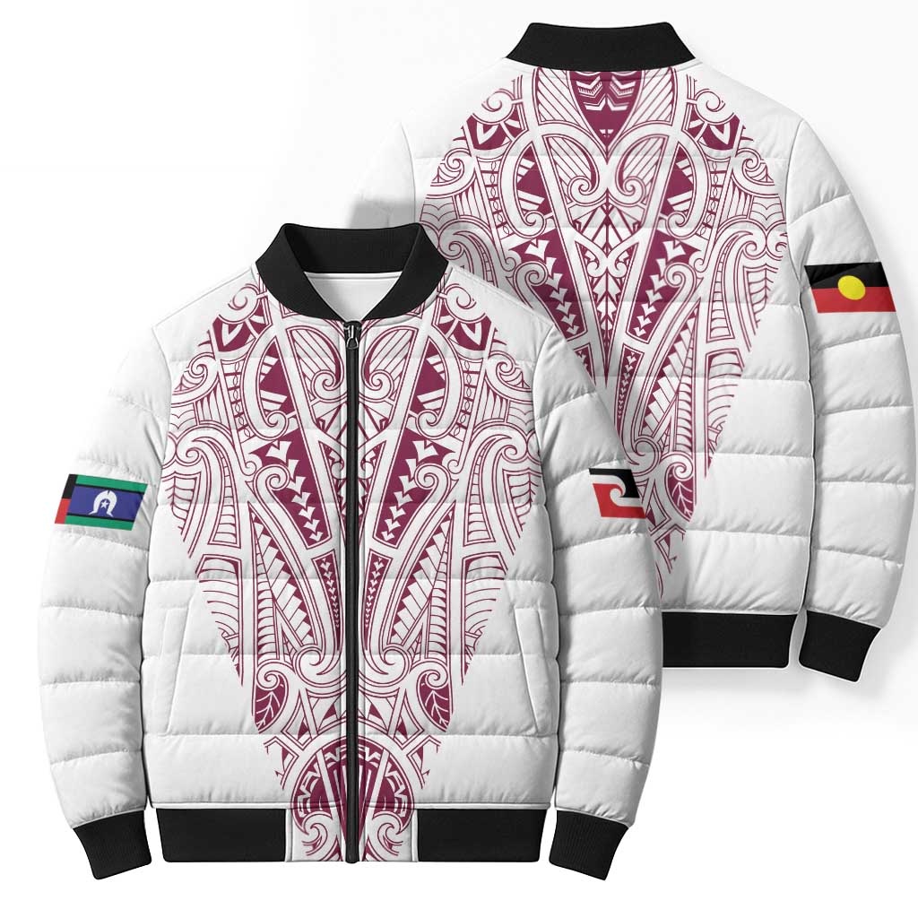 Queensland Maori Rugby Nga Hau e Wha Bomber Puffer Jacket White Motif - Polynesian Pride