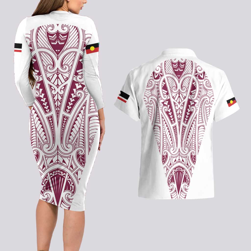 Queensland Maori Rugby Nga Hau e Wha Couples Matching Long Sleeve Bodycon Dress and Hawaiian Shirt White Motif