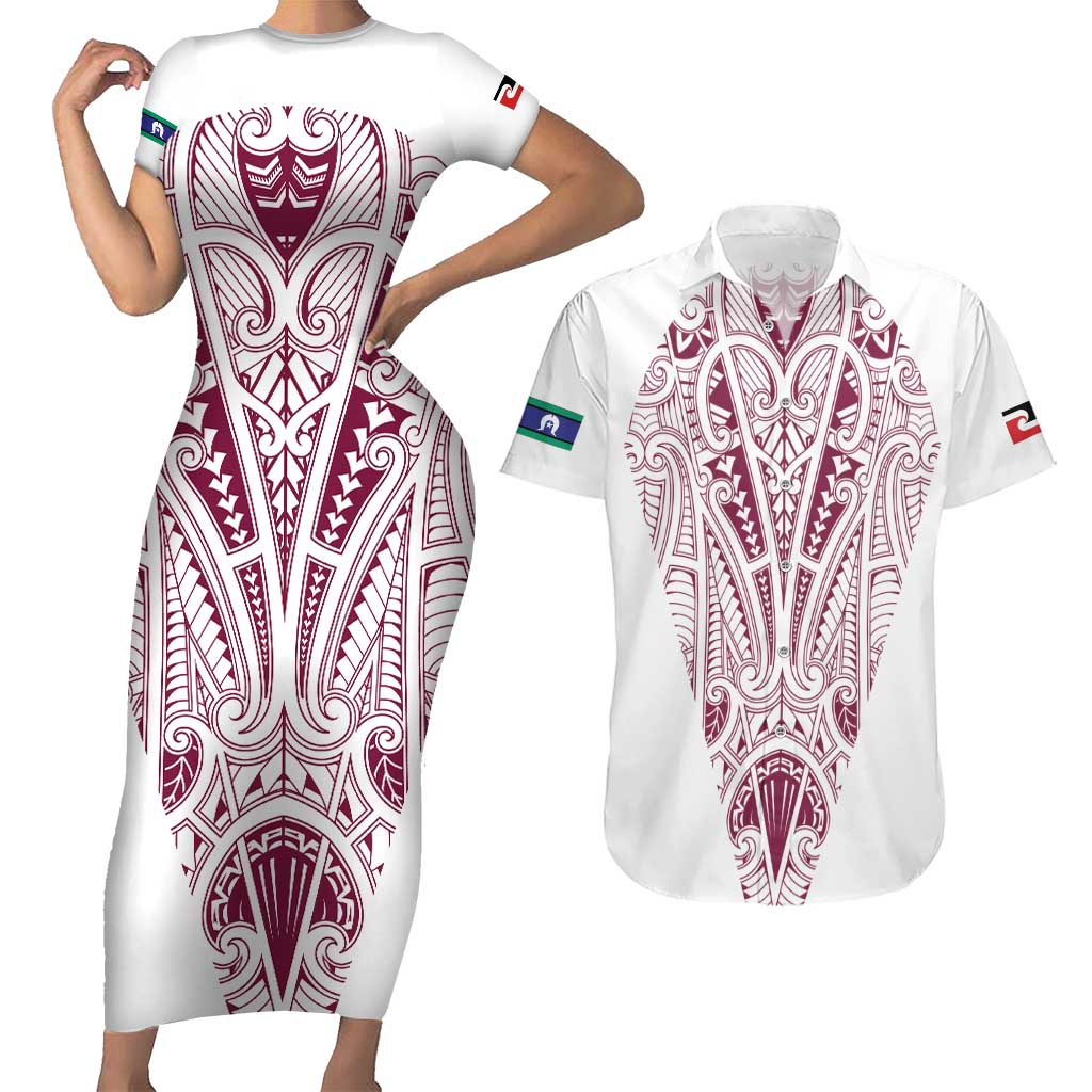 Queensland Maori Rugby Nga Hau e Wha Couples Matching Short Sleeve Bodycon Dress and Hawaiian Shirt White Motif