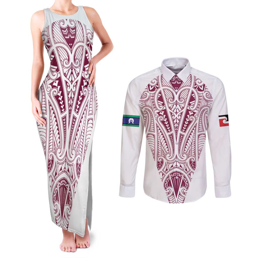Queensland Maori Rugby Nga Hau e Wha Couples Matching Tank Maxi Dress and Long Sleeve Button Shirt White Motif