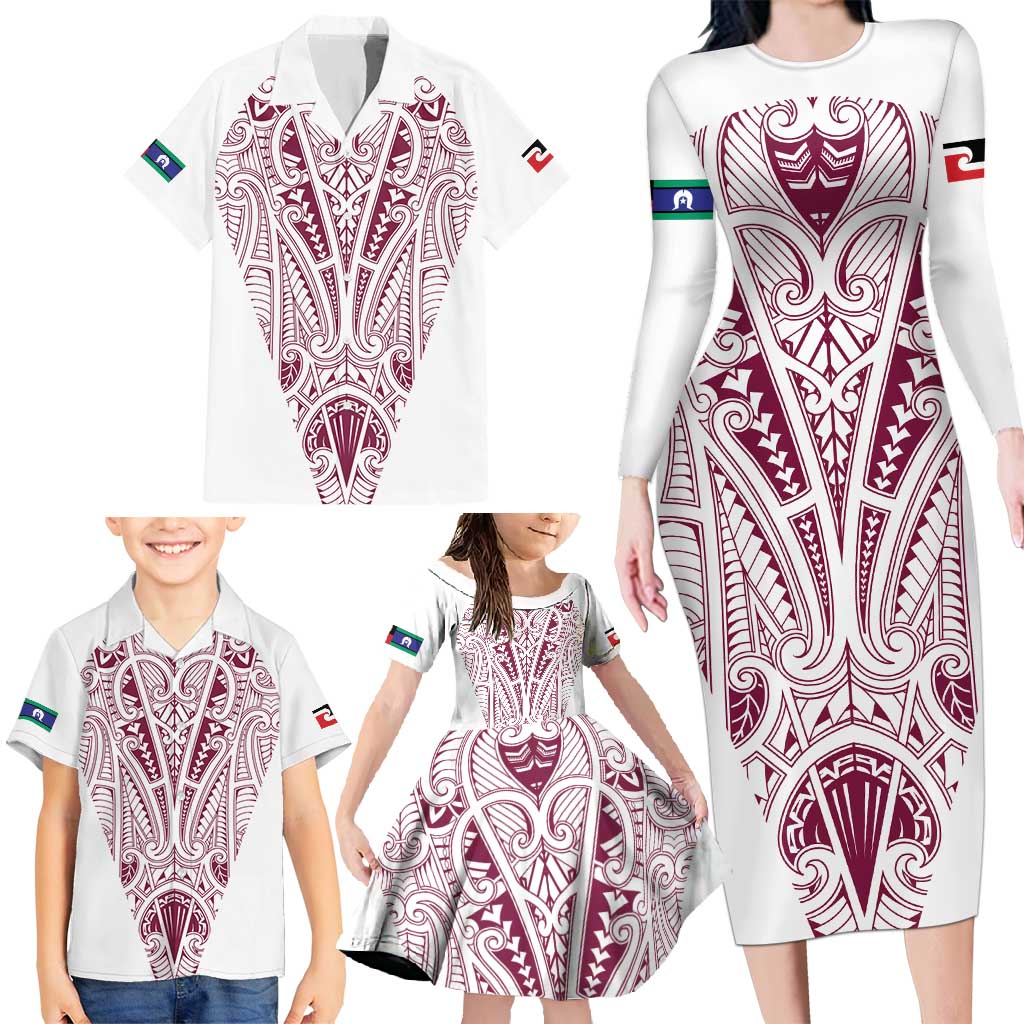 Queensland Maori Rugby Nga Hau e Wha Family Matching Long Sleeve Bodycon Dress and Hawaiian Shirt White Motif