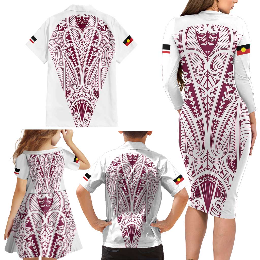 Queensland Maori Rugby Nga Hau e Wha Family Matching Long Sleeve Bodycon Dress and Hawaiian Shirt White Motif