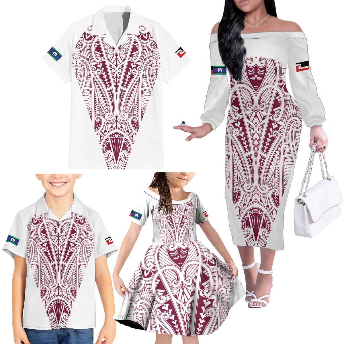 Queensland Maori Rugby Nga Hau e Wha Family Matching Off The Shoulder Long Sleeve Dress and Hawaiian Shirt White Motif