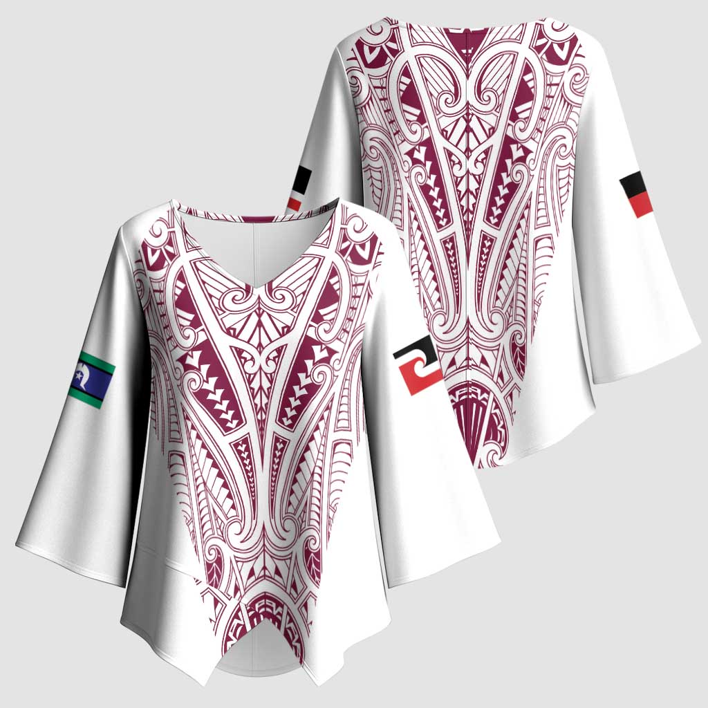 Queensland Maori Rugby Nga Hau e Wha Kimono Sleeve Blouse White Motif - Polynesian Pride