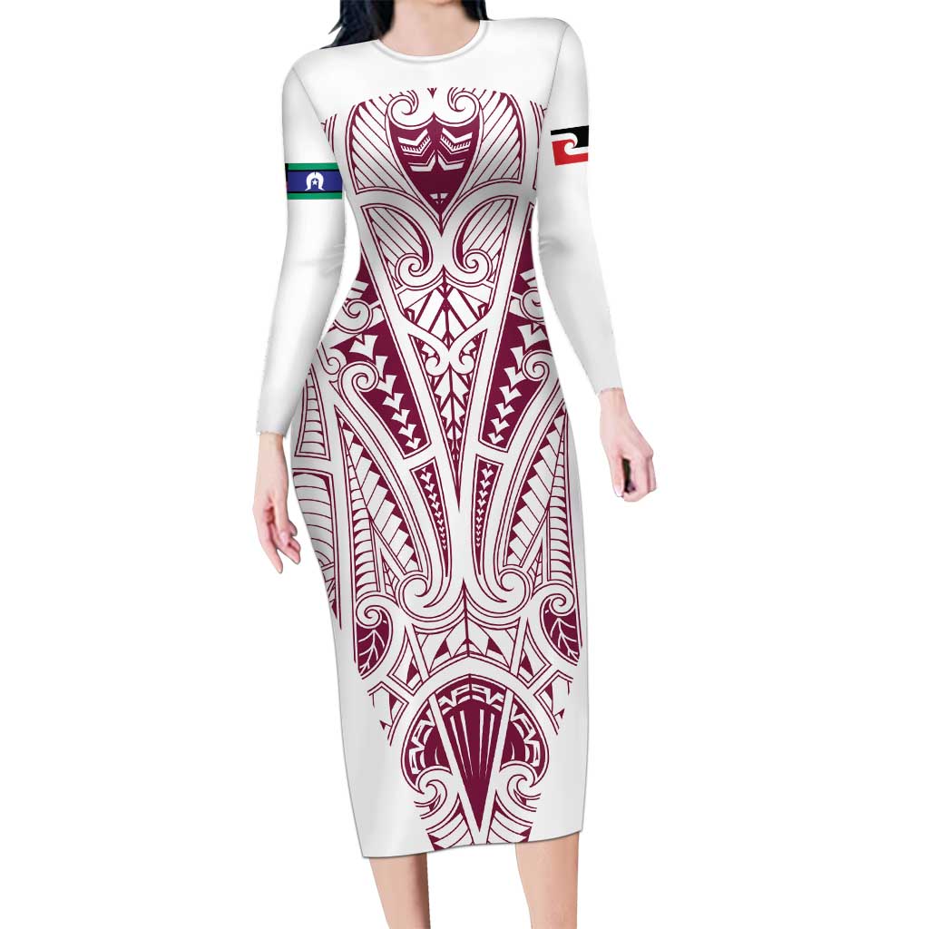 Queensland Maori Rugby Nga Hau e Wha Long Sleeve Bodycon Dress White Motif