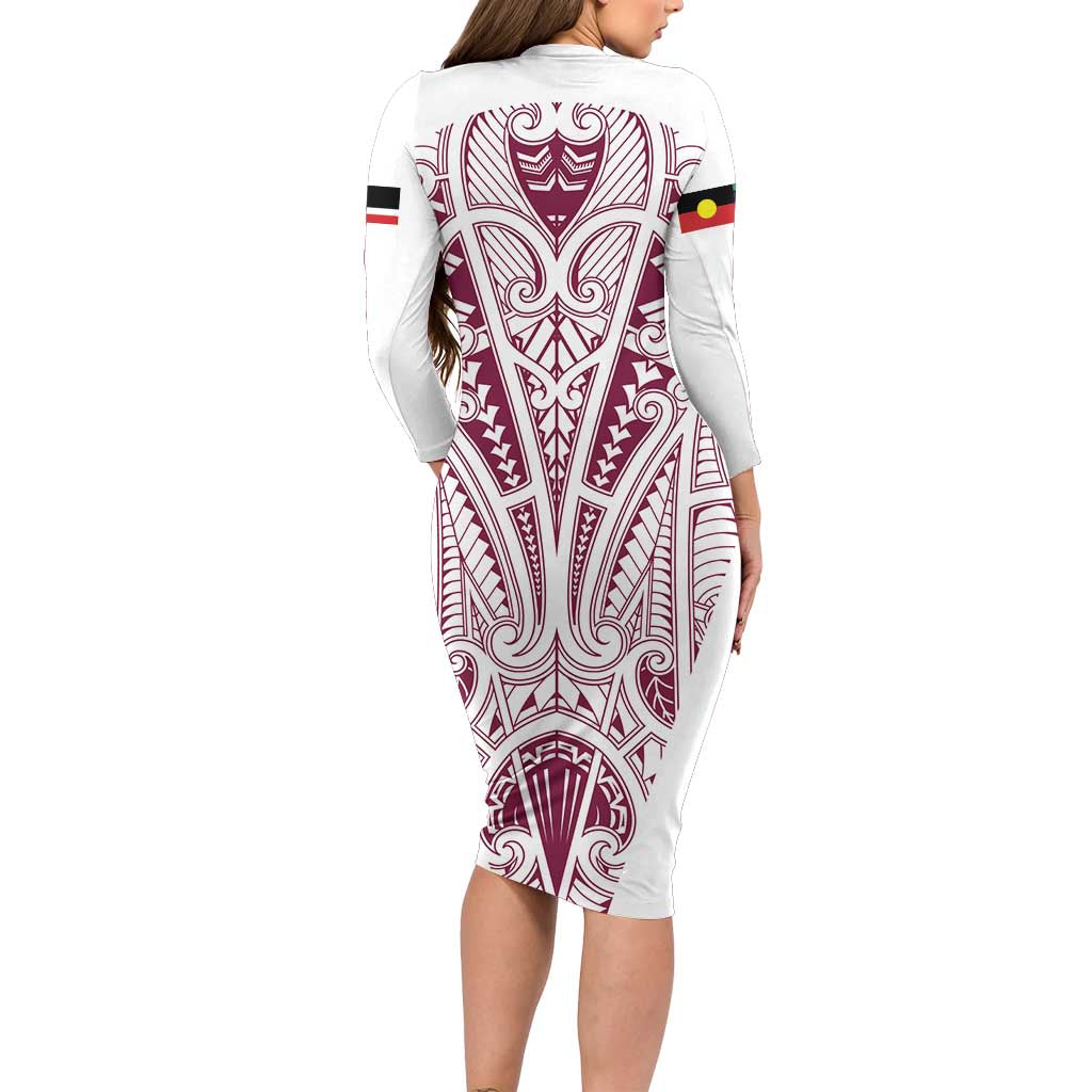 Queensland Maori Rugby Nga Hau e Wha Long Sleeve Bodycon Dress White Motif