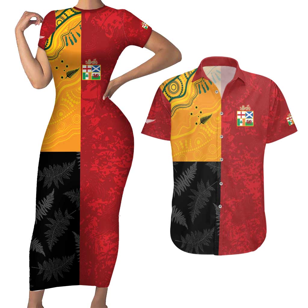 Custom British Lions-AUNZ Couples Matching Short Sleeve Bodycon Dress and Hawaiian Shirt Australia-New Zealand Indigenous Motif