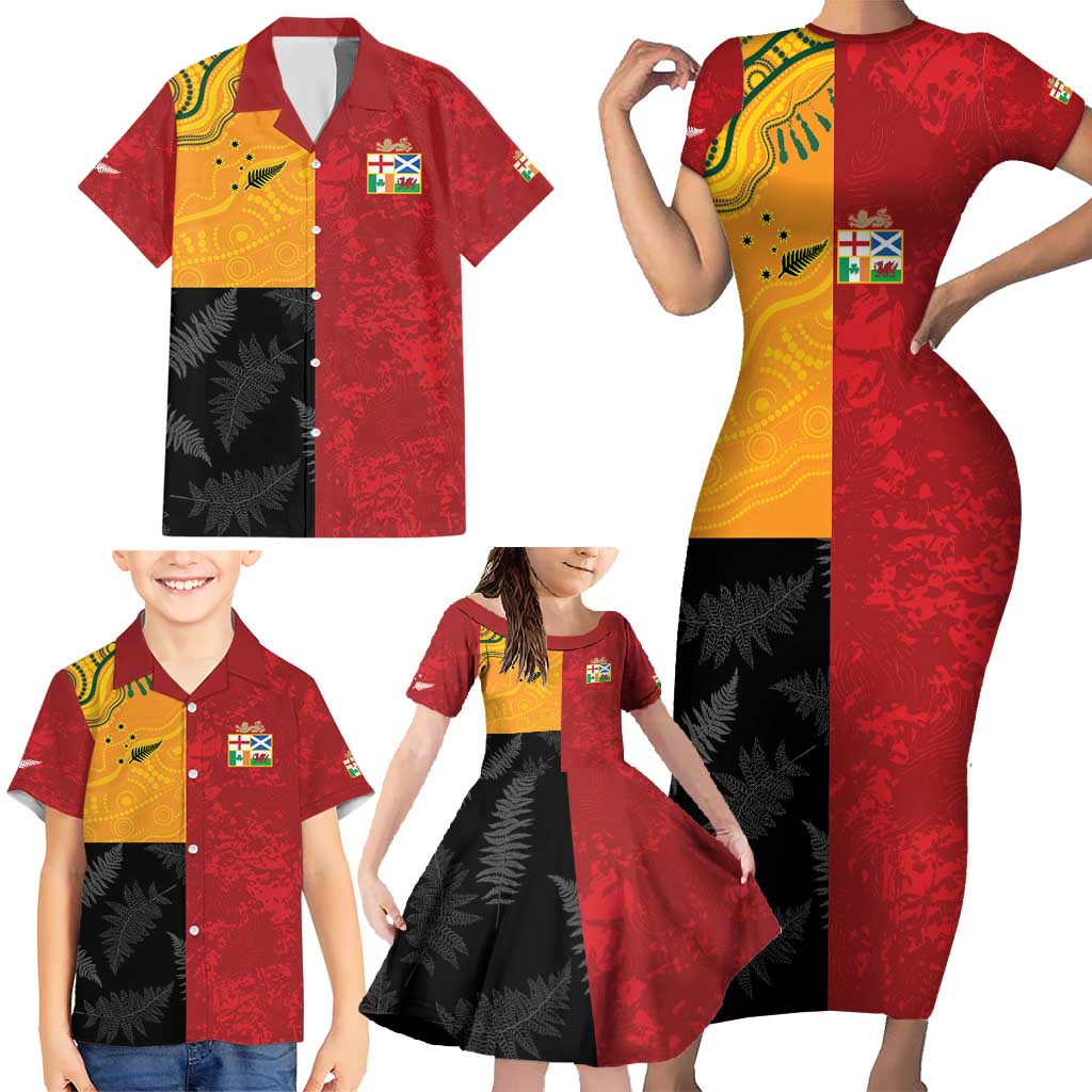Custom British Lions-AUNZ Family Matching Short Sleeve Bodycon Dress and Hawaiian Shirt Australia-New Zealand Indigenous Motif