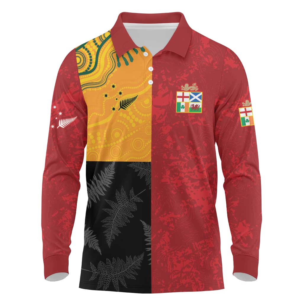 Custom British Lions-AUNZ Long Sleeve Polo Shirt Australia-New Zealand Indigenous Motif LT9 Red - Polynesian Pride